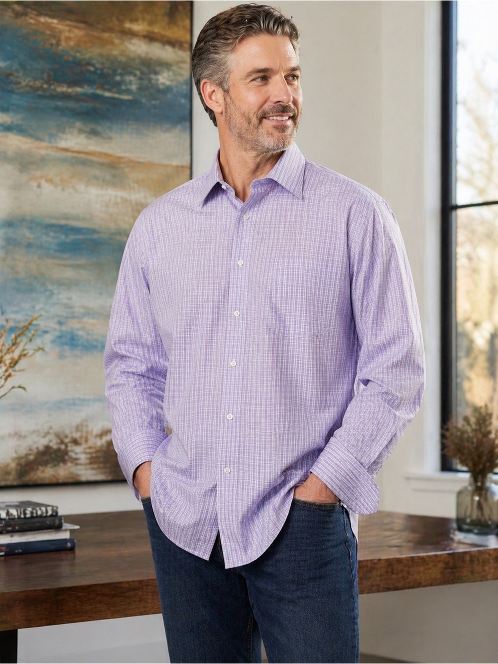 Joseph Abboud Purple Micro Check Dress Shirt 19 34/35 Classic Fit Long Sleeve